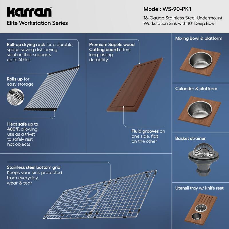 Karran 45" Undermount WS-90 Single Bowl 16 Gauge Stainless Steel Workstation Kitchen Sink