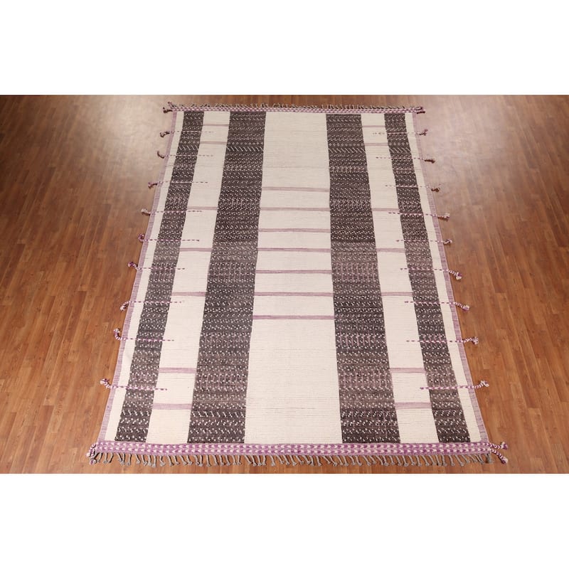 Striped Moroccan Modern Area Rug Handmade Wool Carpet - 8'11"x 12'7"
