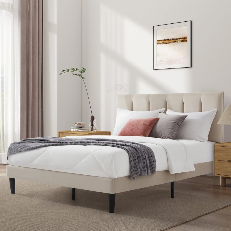 Upholstered Platform Bed Frame with Vertical Stripe Headboard