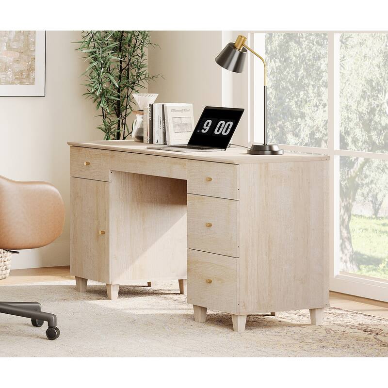 WAMPAT 58" Executive Desk with 5 Drawers & 1 Storage Cabinet - Light Oak