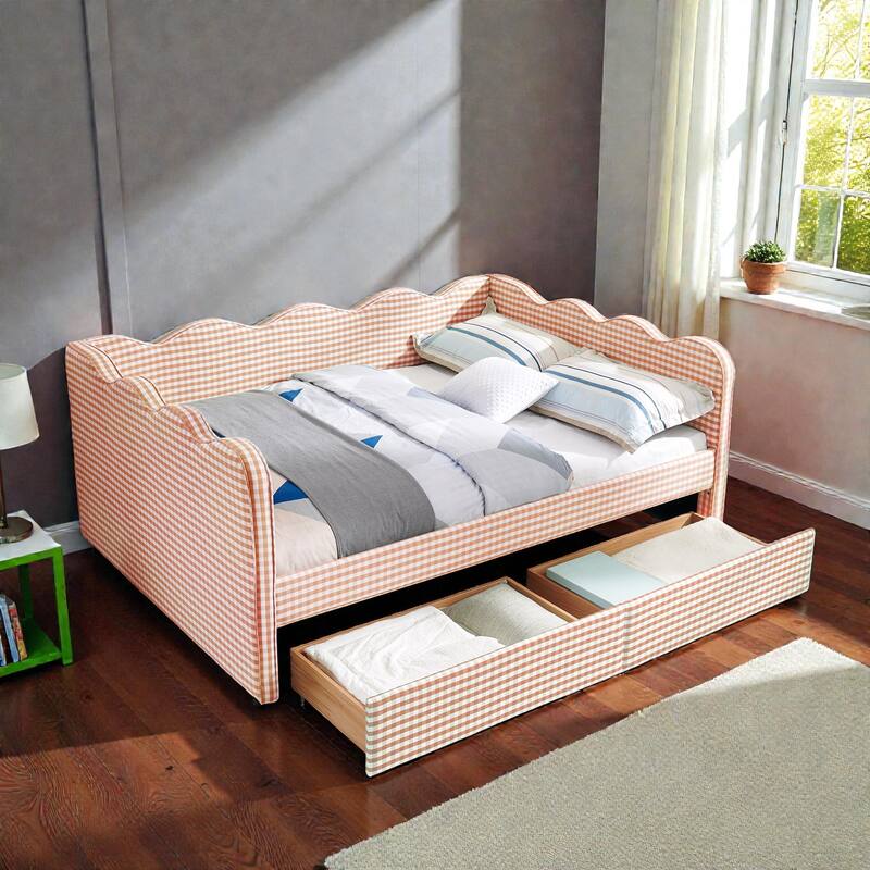 Full Size Gingham Upholstered Daybed with USB Port, Two Storage Drawers and Wave Shaped Design
