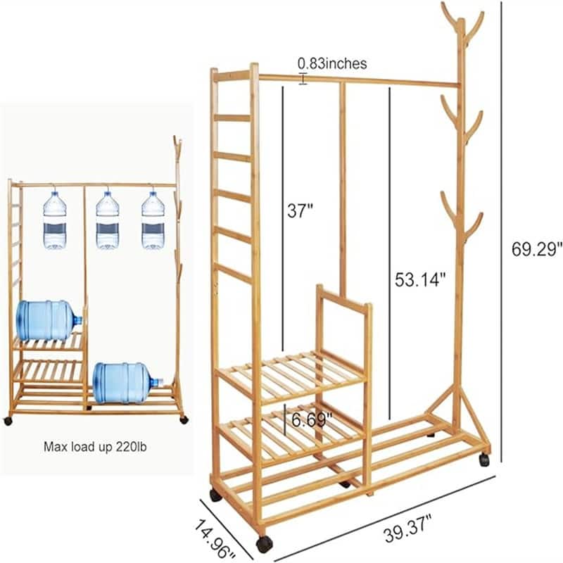 Clothing Rack Bamboo Garment Rack Rolling - 15"D x 39"W x 69"H