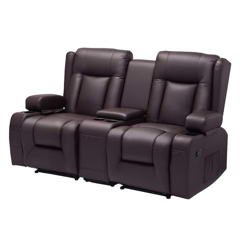 Brown PU Leather Manual Recliner Loveseat with High Back, Storage and Cup Holders - 65.5 x 36.2 x 40.9 in