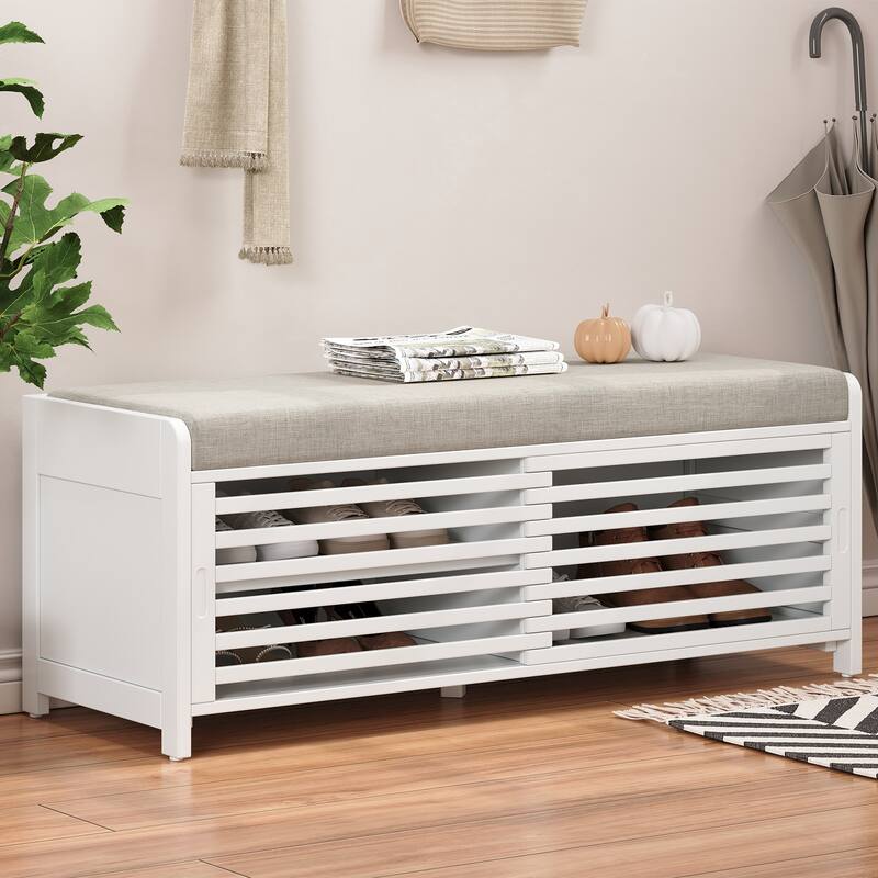Shoe Storage Bench Entryway Bench with Cushion, Sliding Door