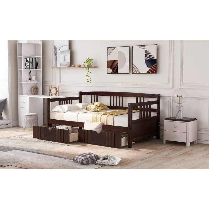 Daybed with Two Drawers, Solid Wood Frame, Guardrails, No Box Spring Needed