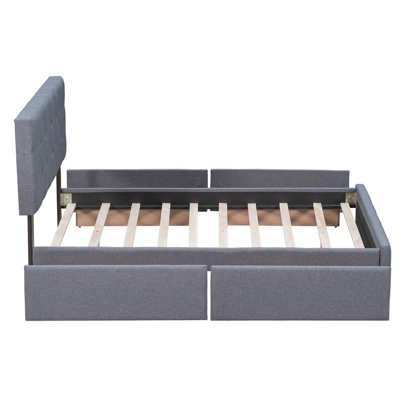 Dark Grey Tufted Design Upholstered Bed Queen Size Platform Bed with 4 Storage Drawers, No Box Spring Needed Slats Bed Frame
