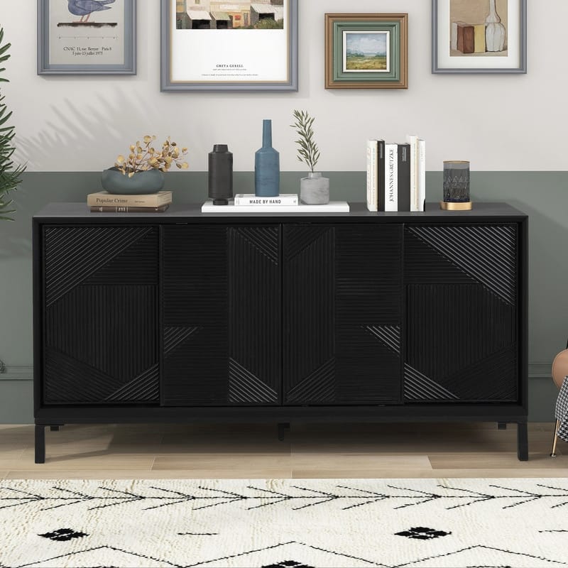 Modern Geometric Accent Cabinet with Sliding Doors and Wood Veneer Top - Black