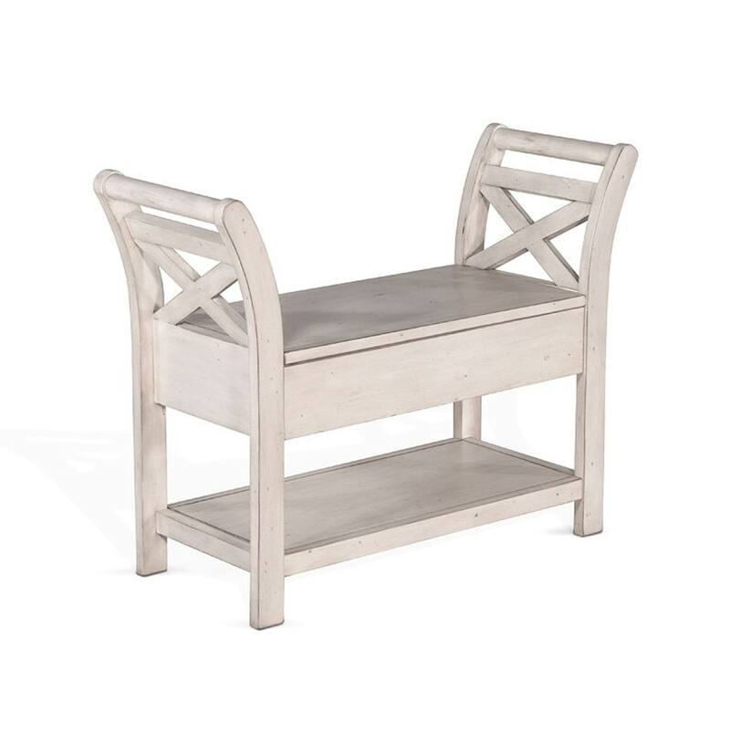 Sime 36 Inch Accent Bench, X-Panel and Storage, Ivory White Mahogany