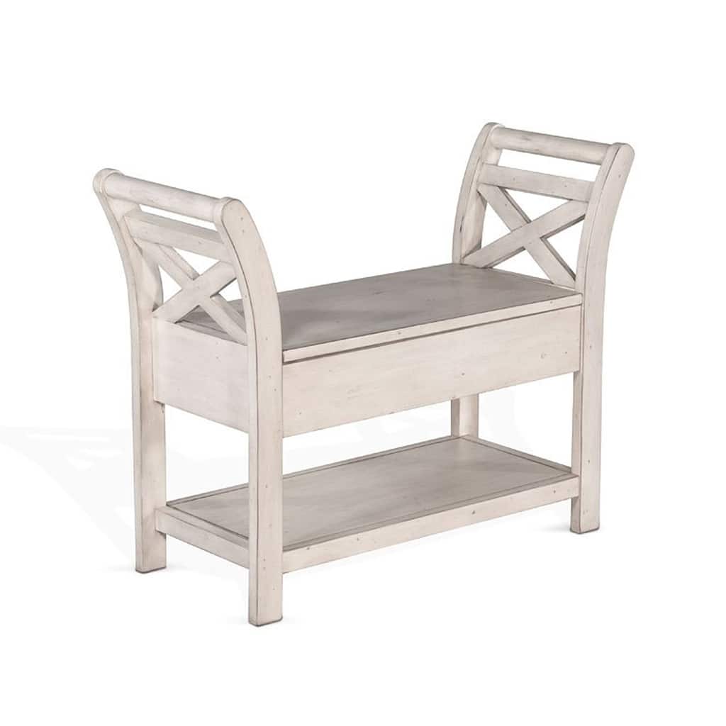 Sime 36 Inch Accent Bench, X-Panel and Storage, Ivory White Mahogany