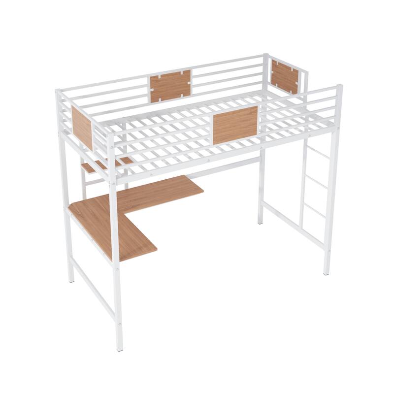 Metal Loft Bed Twin Size with Desk and Shelves