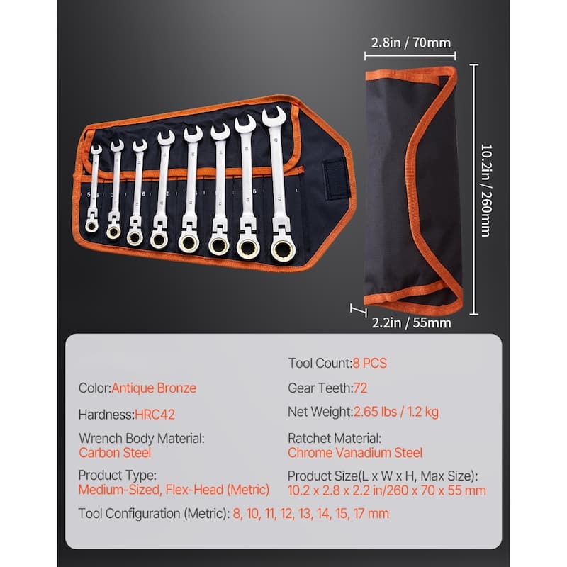 8 Pieces Antique Bronze Steel Flex Head Ratchet Wrench Set with 72 Tooth Adjustable and Bag - 10.2 x 2.8 x 2.2 in