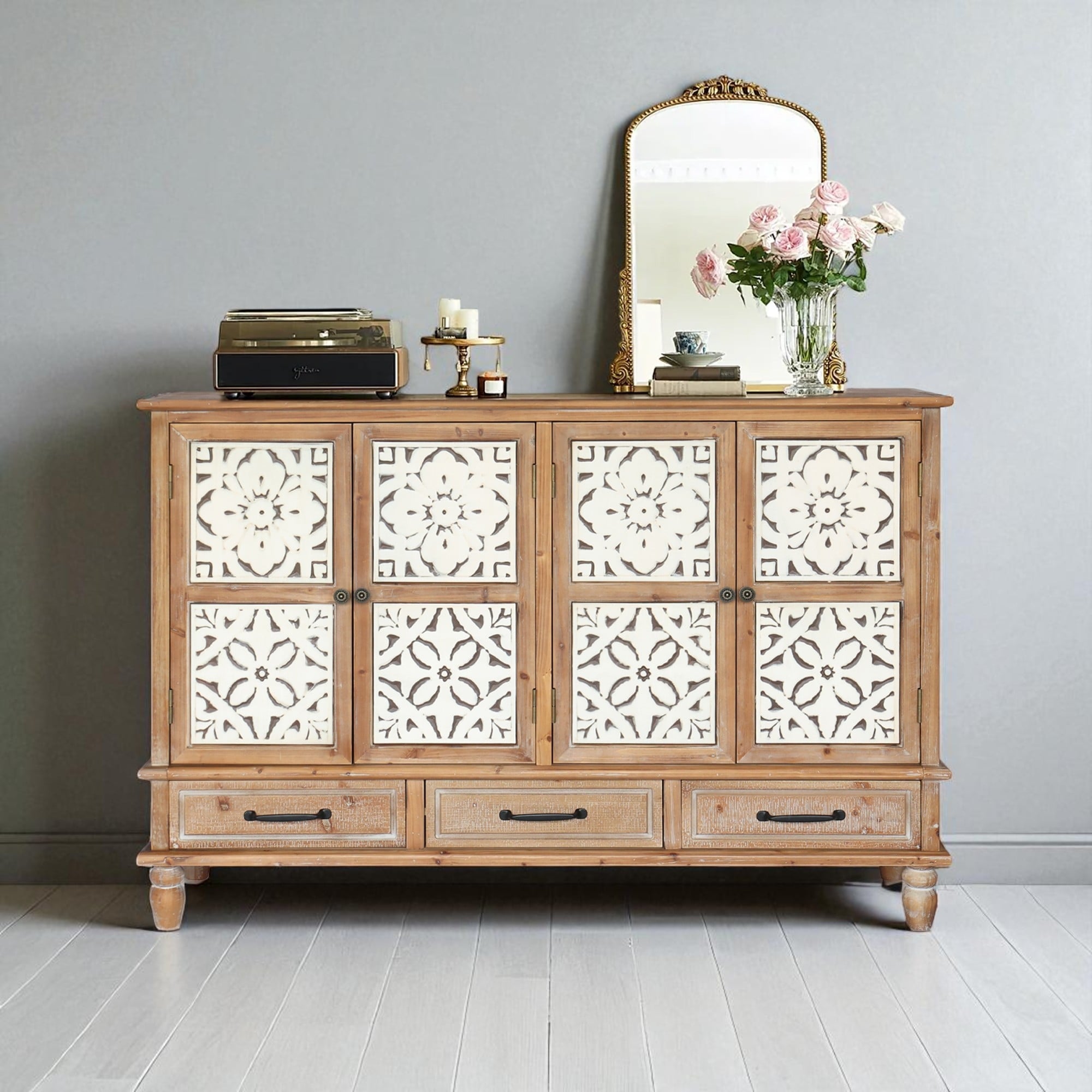 59" Sideboard Buffet Cabinet with 4 Doors and 3 Drawers, Adjustable Shelves, Distressed Painted Finish, MDF Storage Cabinet