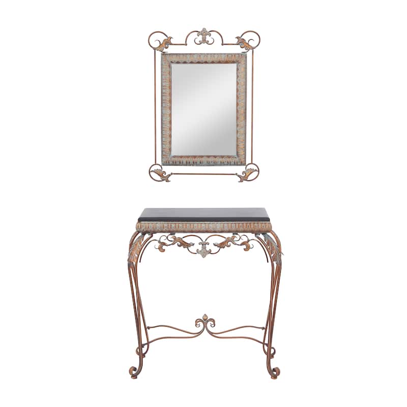 Metal Leaf Console Table with Mirror with Scrolled Legs - Set of 2 Bronze - Roche River Decor - 1"W x 23"L x 32"H