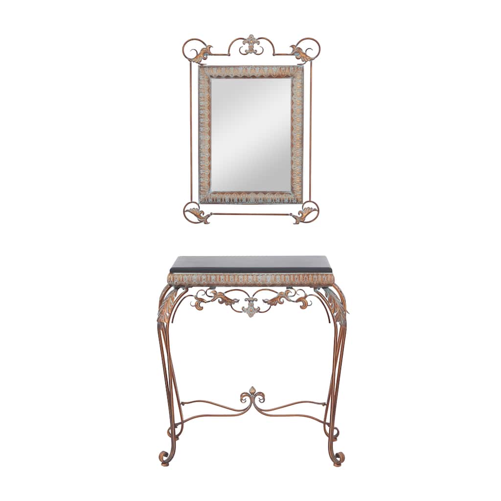 Metal Leaf Console Table with Mirror with Scrolled Legs - Set of 2 Bronze - Roche River Decor - 1"W x 23"L x 32"H