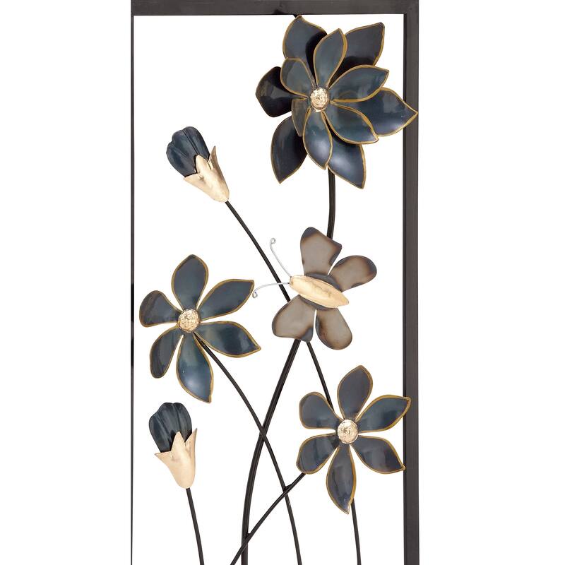 Teal Metal Floral Home Wall Decor with Black Frames and Butterfly Accents (Set of 2)