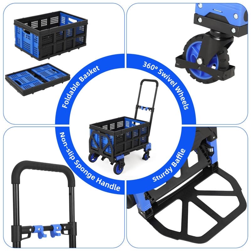 Folding Hand Truck Dolly with Basket, Dolly Cart with Wheels, Convertible Handcart with Retractable Handle