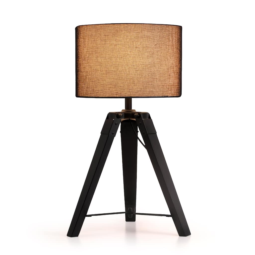 18 in. Modern Tripod Small Table Lamp with Solid Wood Legs and Linen Shade for Bedroom, Living Room