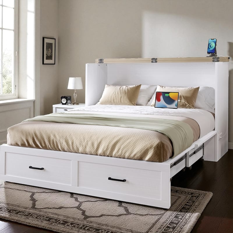 Foldable Murphy Bed Cabinet Full/Queen with USB & Type-C Ports and Storage Drawer for Guest Room
