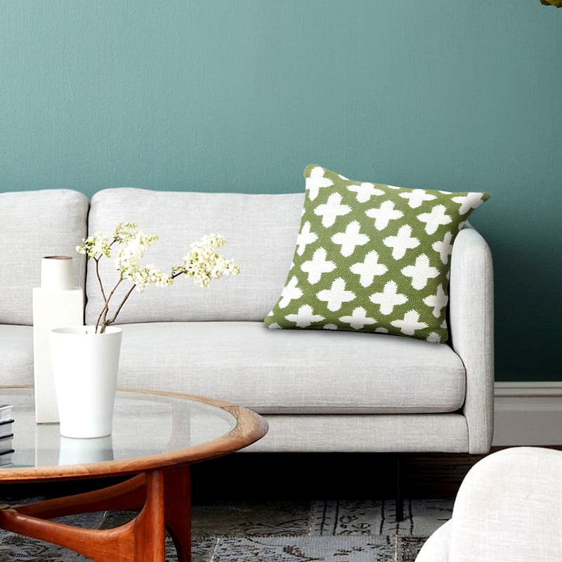 Trellis Motif Reversible Square Throw Pillow Covers - 20" - Green and White - Set of 4