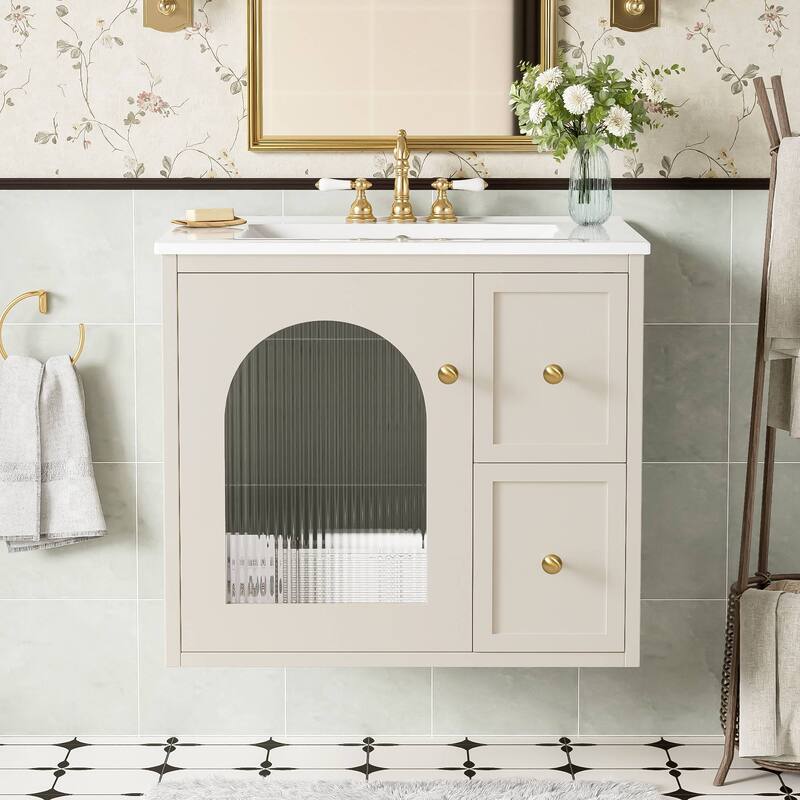 24-inch Wall Mount Bathroom Cabinet with Ceramic Sink, 2 Drawers