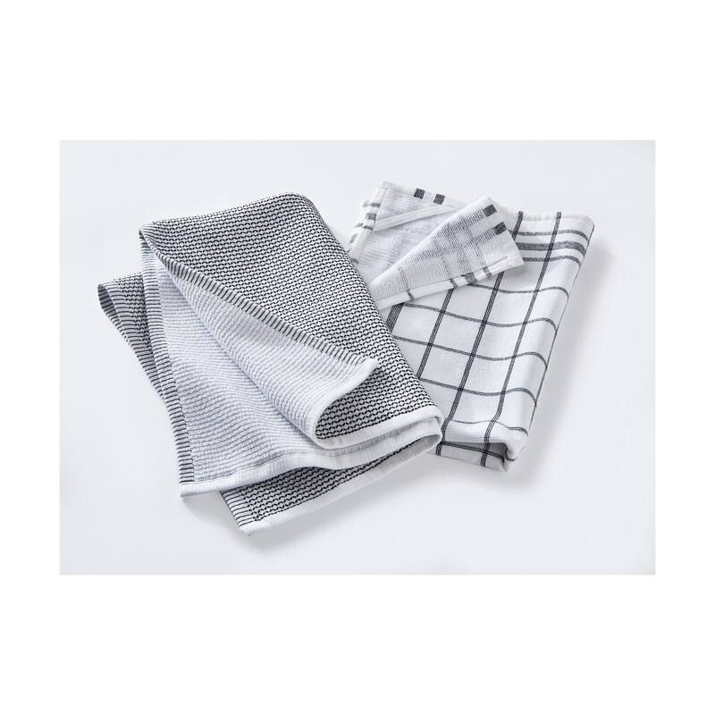 26L"x18W" Classic Black Cotton Set of 2 Checked and Solid Terry Cloth Dishtowel Kitchen Towel Grey Machine Washasble
