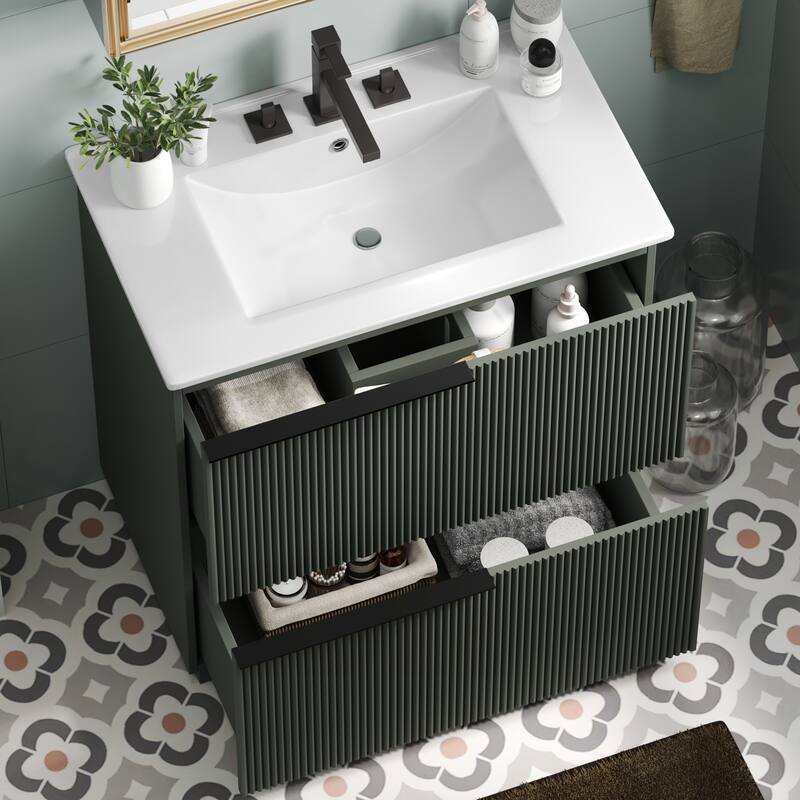 30" Bathroom Vanity with Ceramic Sink - Full-Extension Drawers, Soft-Close Slides, Fluted Design
