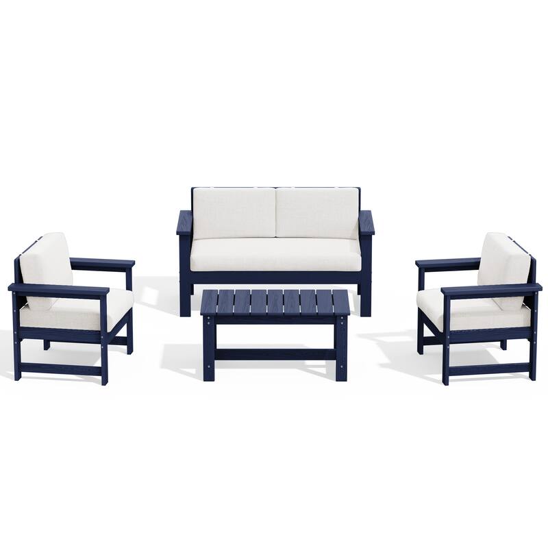 Outdoor Patio HDPE Sectional Sofa and Table Set, Removable Cushions Included, a Loveseat, 2 Single Sofas