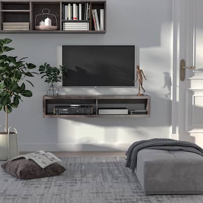 Wall Mounted Floating TV Console Dark Grey Wood Grain with Dual Open Shelves and Cable Management Modern Space Saving Design