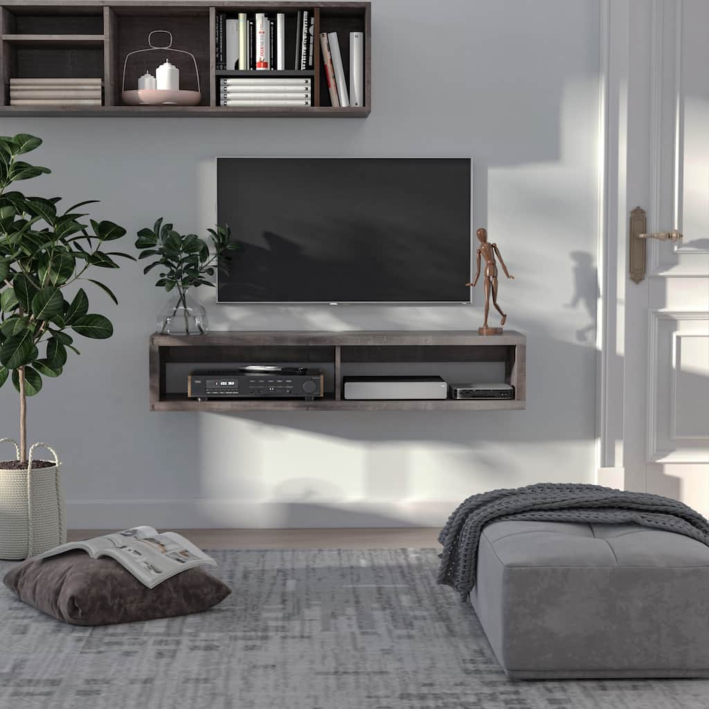 Wall Mounted Floating TV Console Dark Grey Wood Grain with Dual Open Shelves and Cable Management Modern Space Saving Design