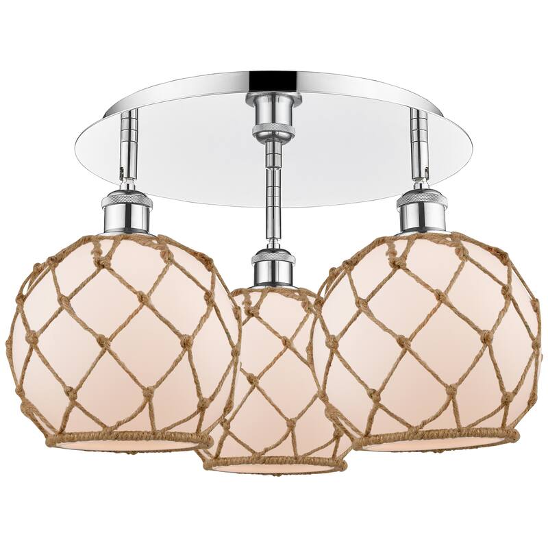 Innovations Lighting Endless Possibilities Ballston - Farmhouse Rope - 3 Light 20" Flush Mount - White Glass with Brown Rope/Polished Chrome