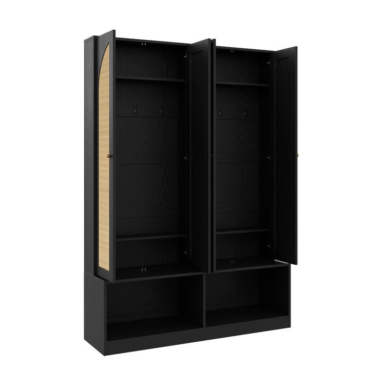 55.1" Wide Farmhouse Hall Tree - 4 Rattan Doors & 6-Hook Entryway Bench - Mid-Century 4-in-1 Shoe Cabinet with Adjustable Shelf