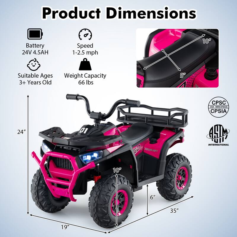 Kids Ride-On ATV with 4-Wheel Shock Absorbers and LED Lights Music Player USB Charging Port - 35" × 19" × 24" (L x W x H)