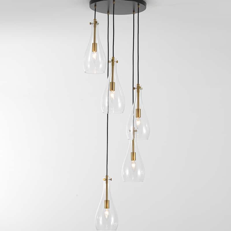 5-Light Modern Black Cluster Raindrop Clear Glass Chandelier for Kitchen Island, Staircase, Hallwya