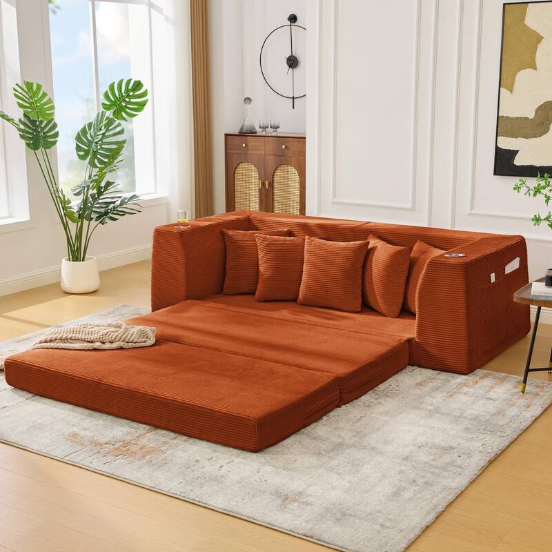 Modern Convertible Loveseat Sofa Bed, Corduroy Fabric Foldable Floor Couch w/5 Pillows, Side Pockets & Cup Holders, No Assembly