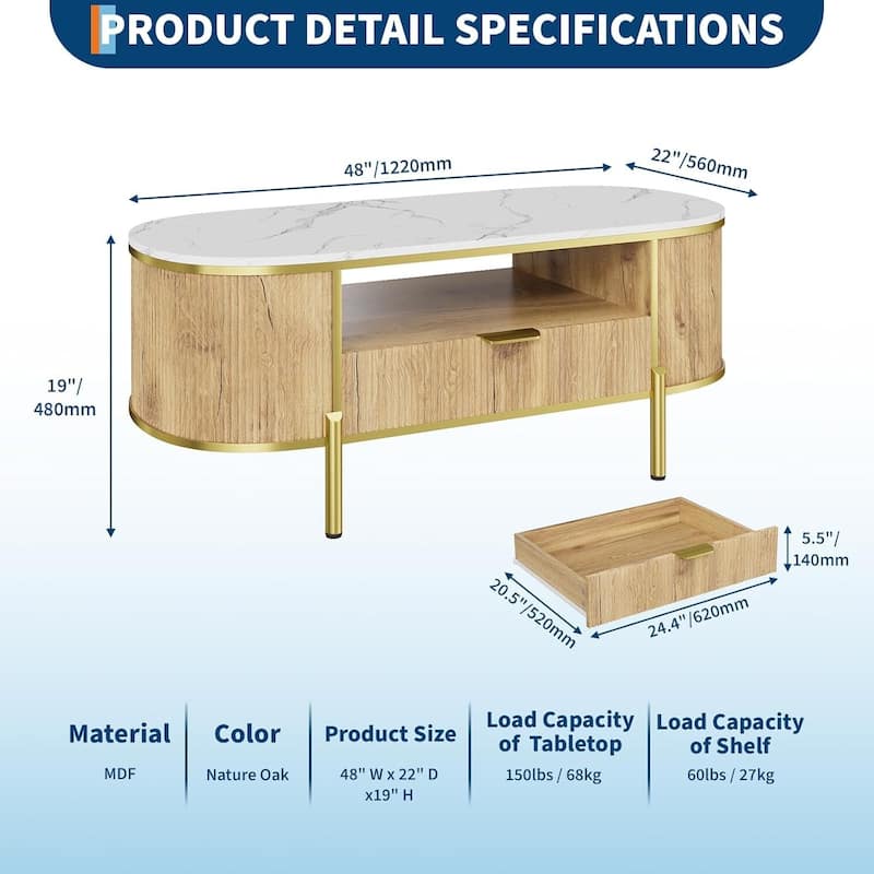 48in Modern Luxury Oval Coffee Table with Drawer for Living Room - N/A
