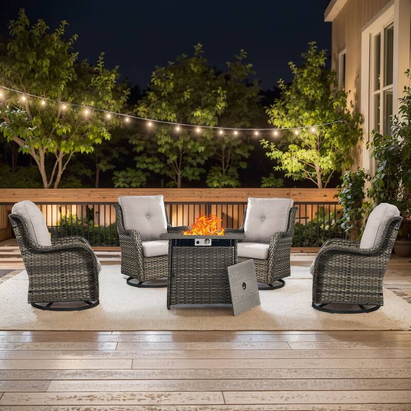Gymojoy 5-Piece Outdoor Furniture Chair Set, 4 Swivel Chairs & 55K BTU Fire Pit Table - Grey Wicker / Beige Cusion - 5-Piece