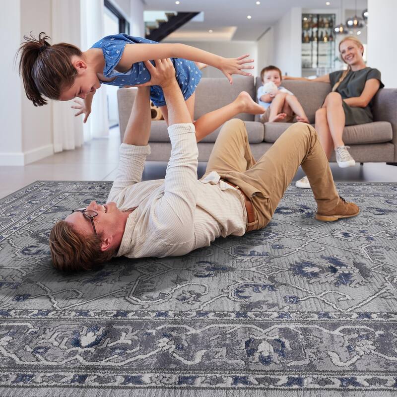 LOOM & LUXE Collection Grey/Blue/Oriental Non-Shedding Area Rug