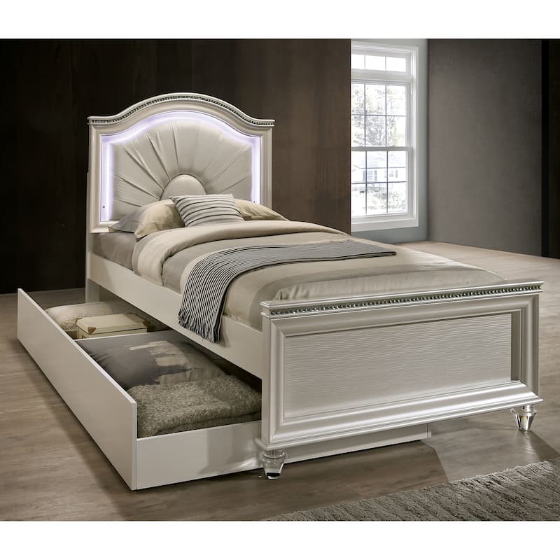 Ving Glam Wood LED Light Youth Panel Bed with Trundle by Furniture of America - Pearl White - Twin