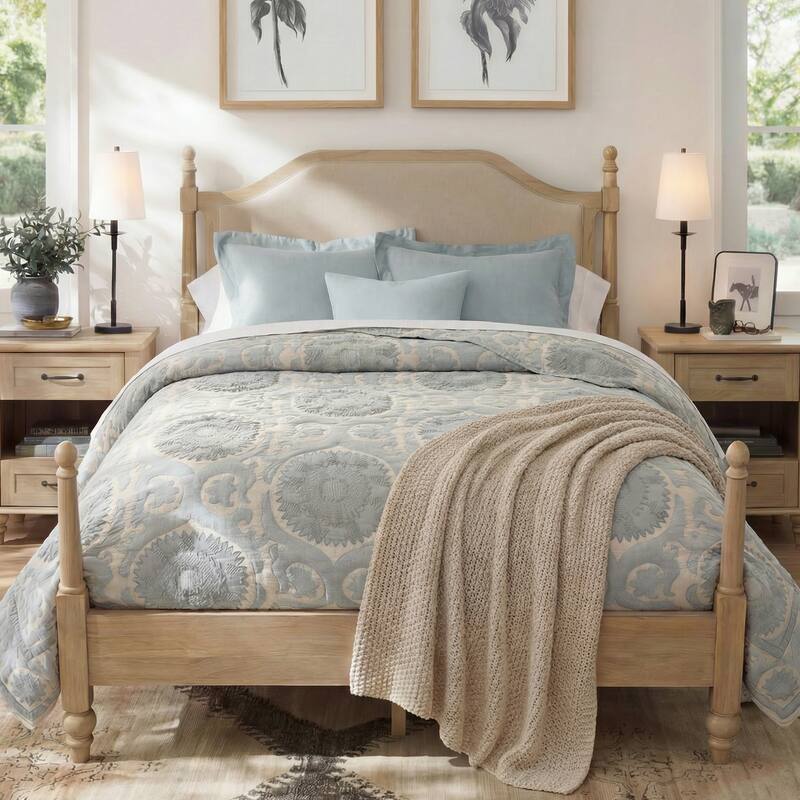 Queen Size Bed Frame With Headboard, Wooden Slat Support, Oak