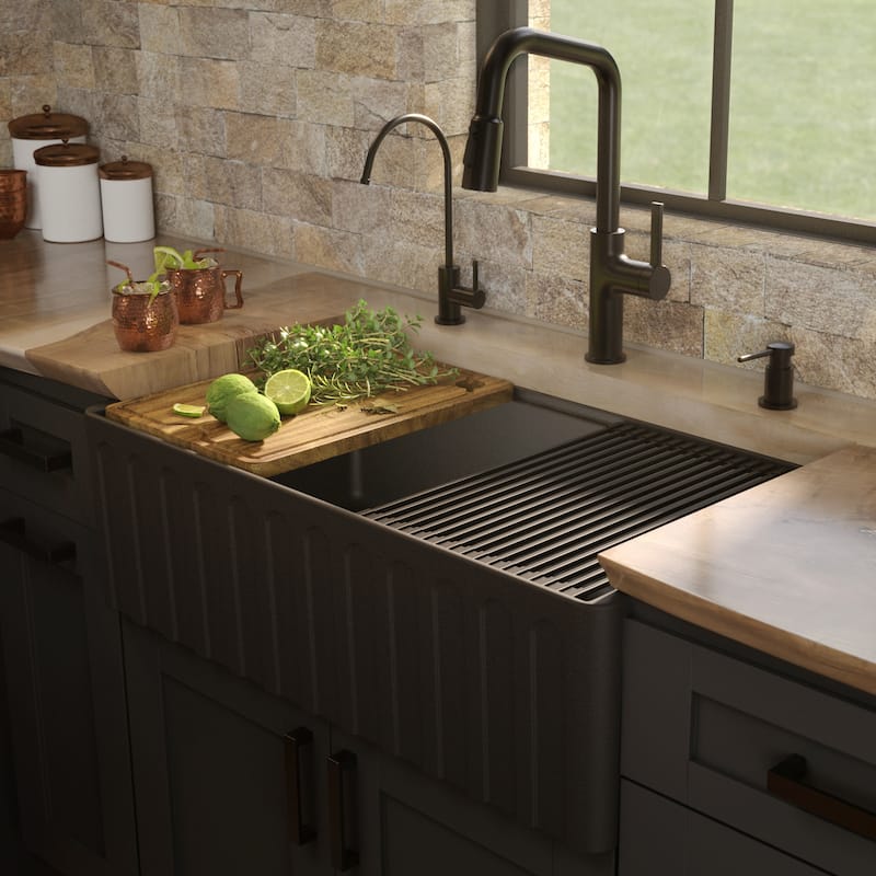 Karran 33" Single Bowl Workstation Fireclay Kitchen Sink with Reversible Fluted Apron Front
