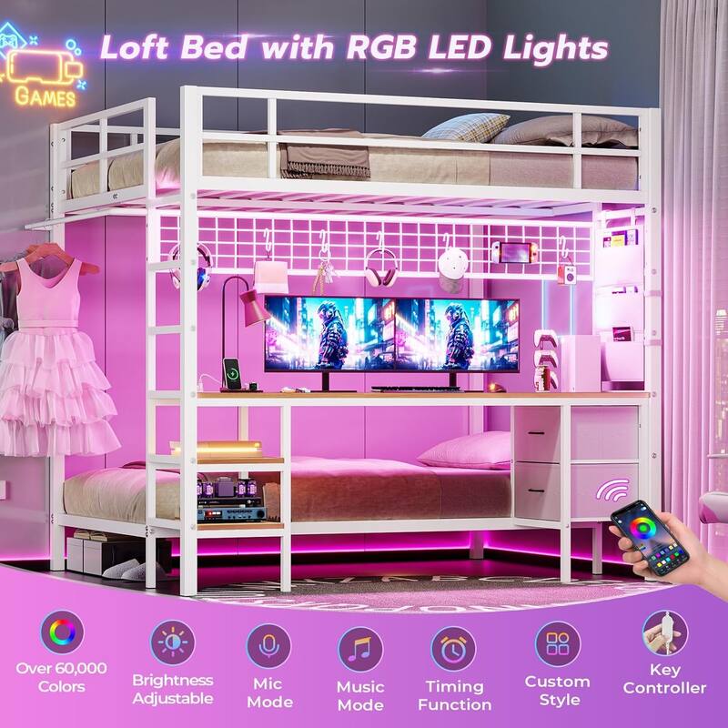 Loft Bed with Desk Gaming Bunk Bed LED Lights Charging Station
