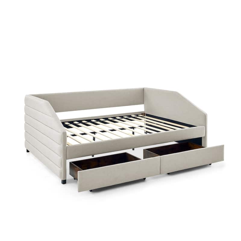 Linen Fabric Upholstered Daybed with Pull-Out Trundle or Storage Drawers, Tufted Sofa Bed Frame with Wood Slat Support