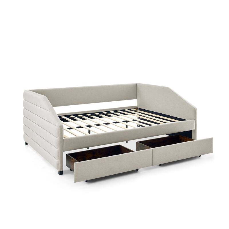 Roomfitters Queen/Twin Size Upholstered Daybed with Drawers, Linen Tufted Sofa Bed with Trundle Storage, Modern Guest Bed
