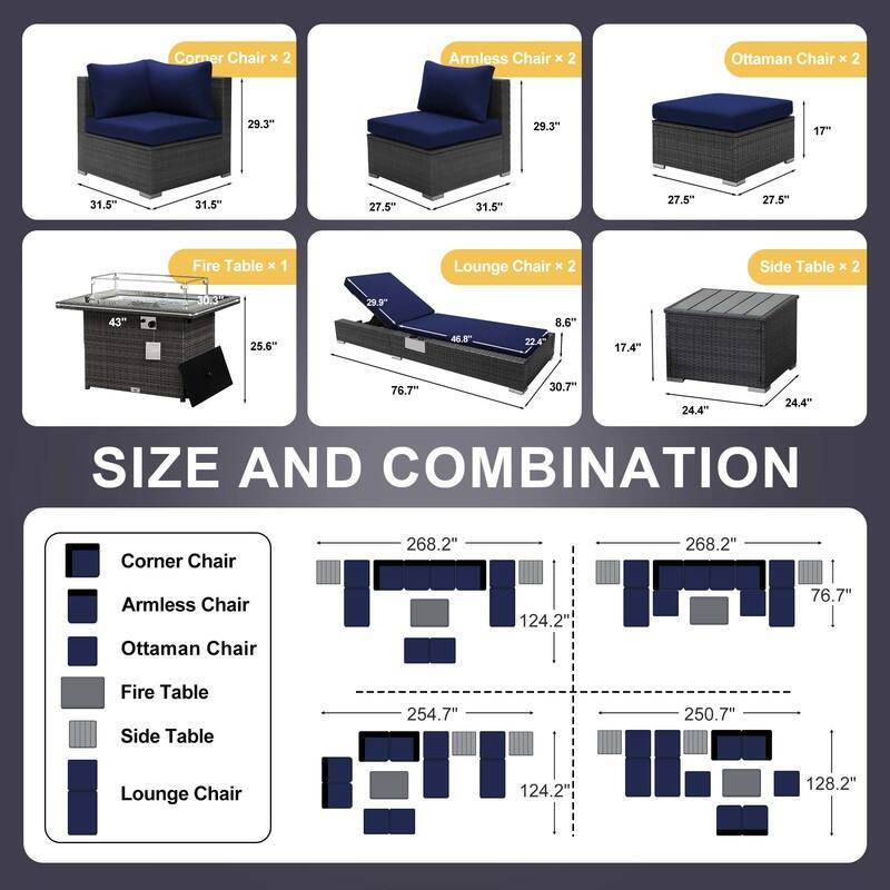 FINCATI 11 Pieces Patio Furniture Set Outdoor Sectional Sofa with Firepit Table