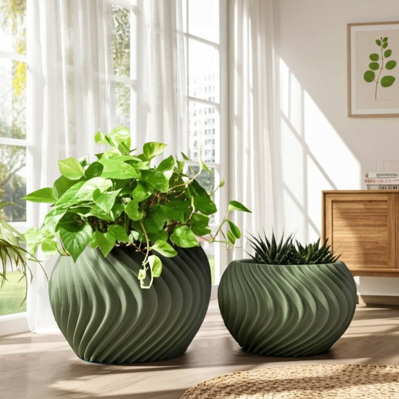 Polyresin Planters Twisted Design Sculptural Detailing (Set of 2) - 12" x 12" x 8"