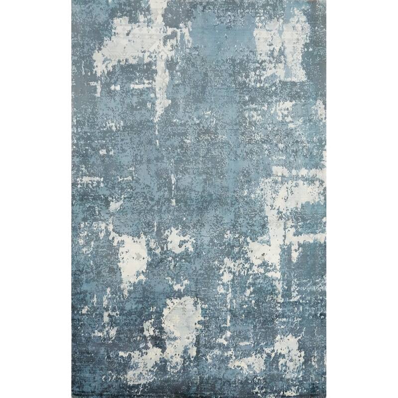 Hand Knotted Oriental Viscose Silk Carpet Modern Pictorial Navy Blue & Blues Abstract Area Rug - 7' 5'' X 5' 3''