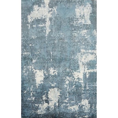 Hand Knotted Oriental Viscose Silk Carpet Modern Pictorial Navy Blue & Blues Abstract Area Rug - 7' 5'' X 5' 3''