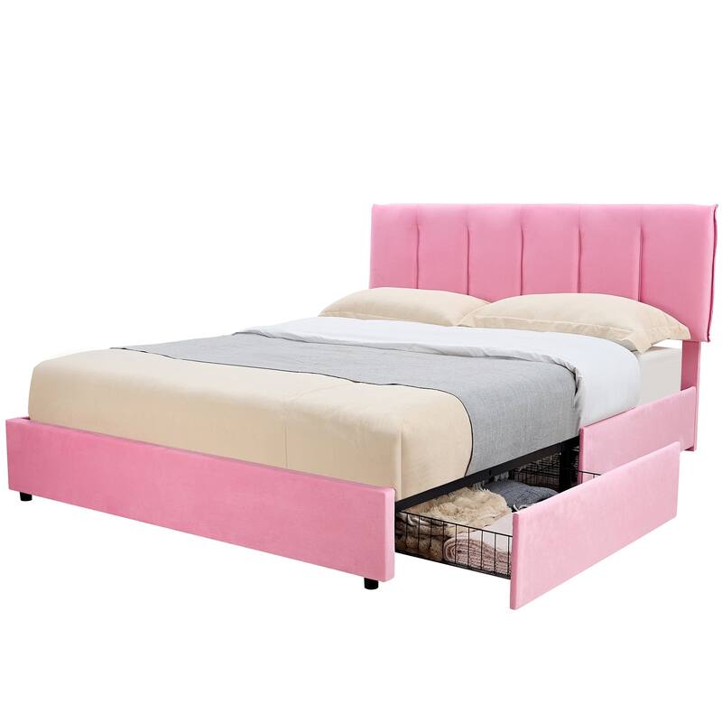 Pink Bed Frame with 4 Storage Drawers, Upholstered Platform Bed Frame with Adjustable Headboard
