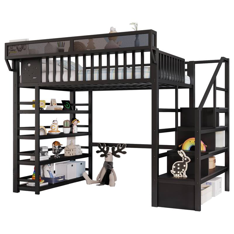 Full Size Metal Loft Bed with Charging Station and 4-Shelf Storage, Kids & Teens Loft Bed with Storage Stairs