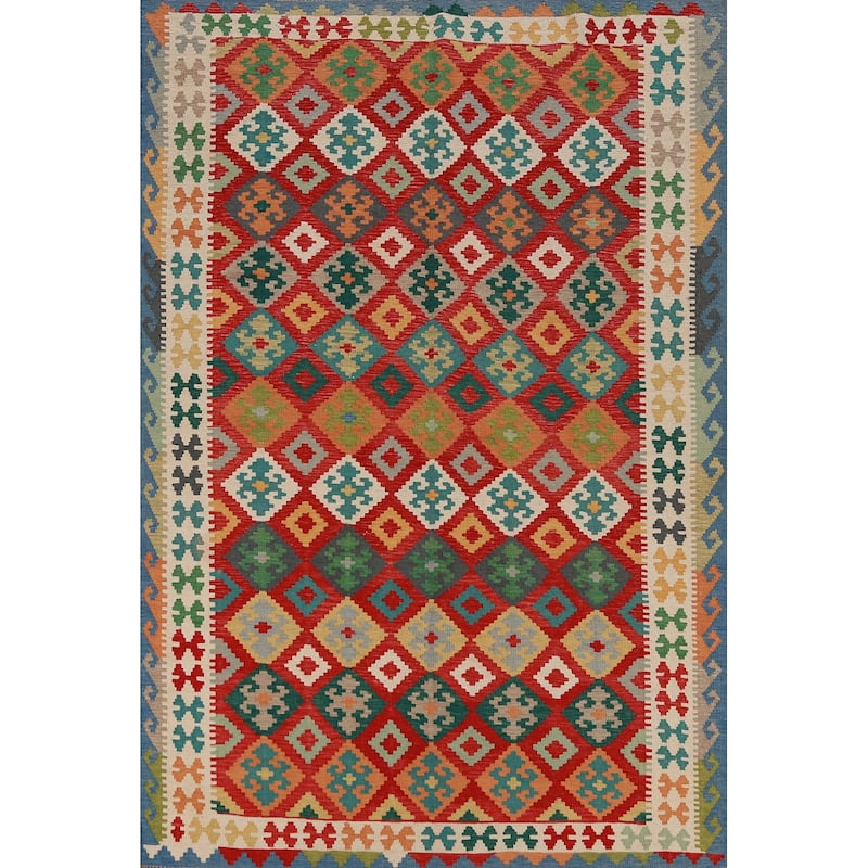 Hand Woven Oriental 100% Wool Carpet Southwestern Geometric Red Kilim Area Rug - 8' 4'' X 5' 10''